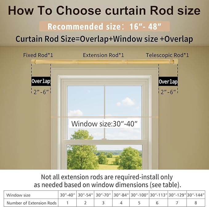 Gold Curtain Rod Adjustable,16-48 Inch Heavy Duty Telescoping 1 Inch Diameter Metal Window Rod Extendable Mounting Brackets Luxurious Gold Finish Home Decor Easy Install Modern Bedroom Living Room