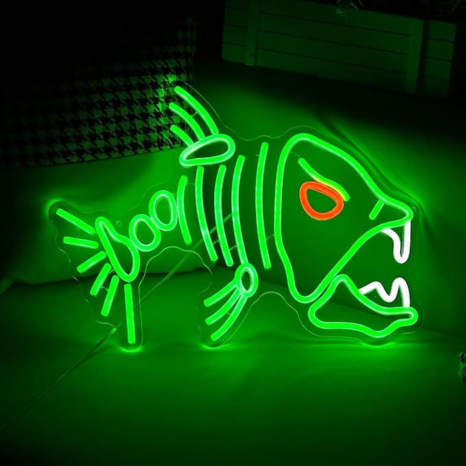 Fish Neon Sign LED Skeleton Fish Neon Light for Wall Decor Dimmable Green Fish Bones Light Up Sign for Living Room Game Room Restaurant Man Cave Art Wall Decoration (16.7 ''*12.8 '')