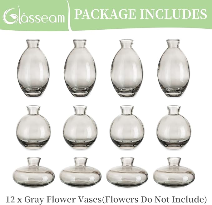 Glass Bud Vase for Centerpieces, 12Pcs/4Sets Glasseam Modern Gray Mini Small Vases for Flowers Bulk Flower Vase Set Aesthetic Cute Handmade Tiny Short Wedding Table Centerpiece Decor