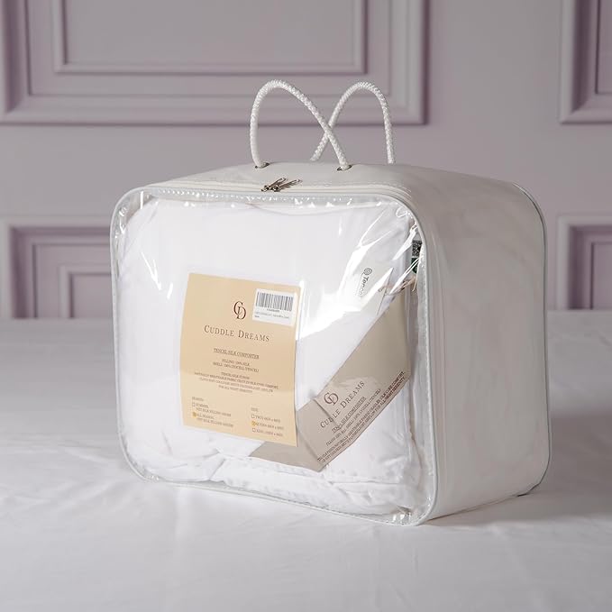 CUDDLE DREAMS Silk Filled Comforter for All Season, Detachable Tencel Duvet Cover for Easy Care, Naturally Breathable (White, Queen)