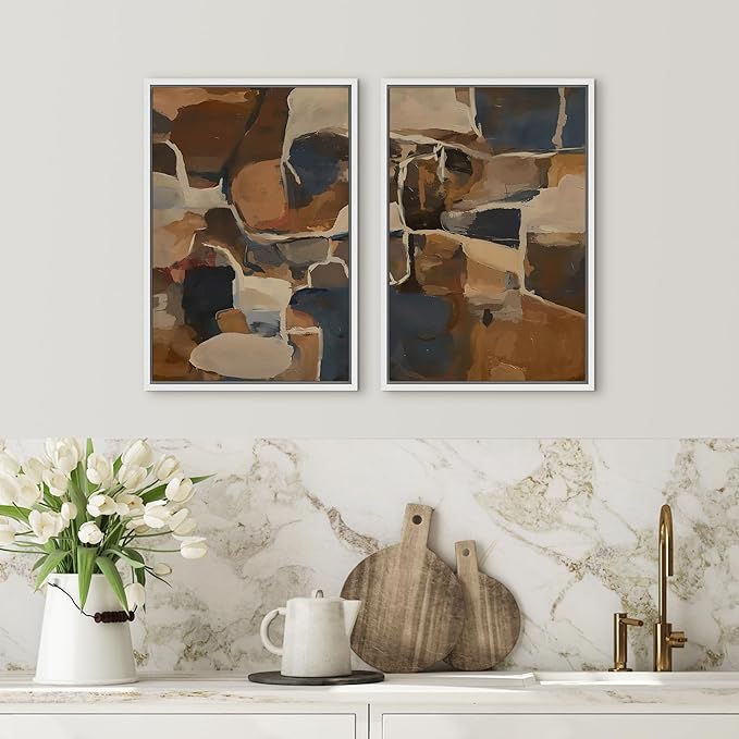 SIGNFORD Framed Canvas Print Wall Art Set Earthy Tones Abstract Layers Modern Brown and Blue Color Block Illustrations Modern Art Decorative for Living Room, Bedroom, Office - 24"x36"x2 White