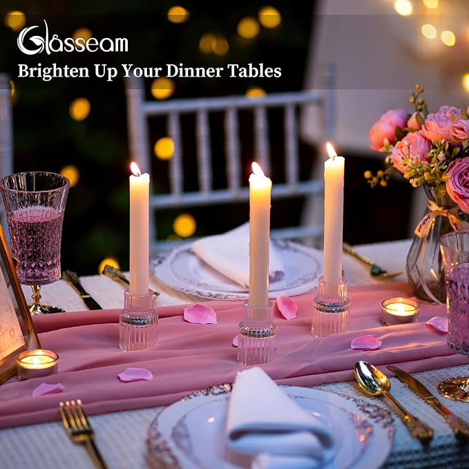 Glasseam Small Candle Stick Holder: Crystal Clear Glass Candle Holder Set of 10, Modern Taper Candle Holders for Table Centerpiece, Ribbed Tapered Candlestick Holders for Dining Room Decoration