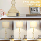 27" Vintage Farmhouse Table Lamps for Living Room Set of 2, Rustic Nightstand Lamps with USB C+A Ports, 3-Way Dimmable Retro Bedside Lamps for Bedroom Office 2 LED Bulbs Included Washed Antique Beige