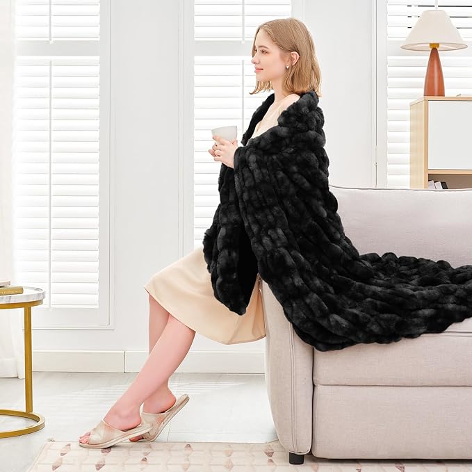Ultra Soft Luxury Faux Fur Throw Blanket for Counch,Fuzzy Fluffy Plush Warm Cozy Elegant Wrinkled Blanket for Sofa Bedroom Living Room,（50"x60",Tie-dye Black）
