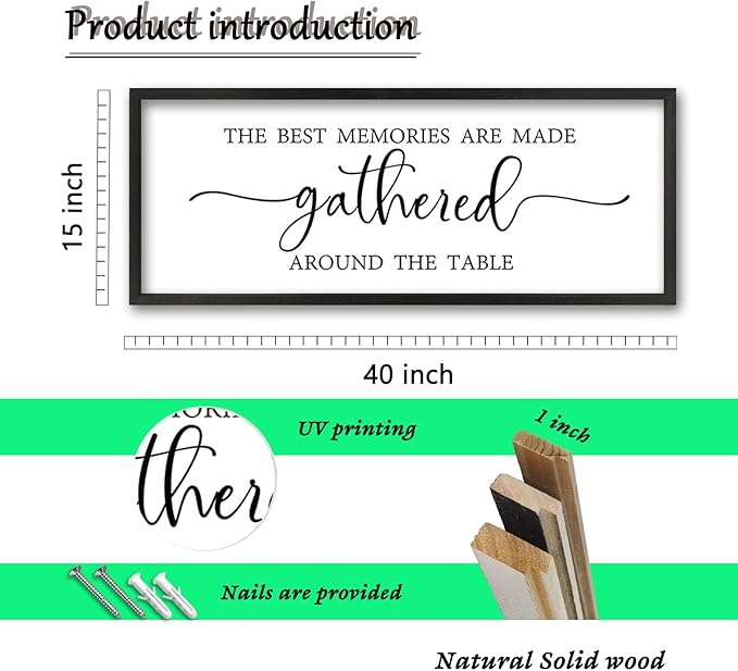 The Best Memories Are Made Gathered Around The Table Wall Art 40"x15" Large Dining Room Wood Framed Signs Kitchen Wall Hanging Decor (Black)