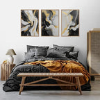HLNIUC Abstract Gold and Black Framed Canvas Wall Art,Large Neutral Black and White Wall Decor Set of 3(16”x24”)Modern Gold Foil Framed Painting,Textured Marble Fluid Art Print for Living Room,Bedroom