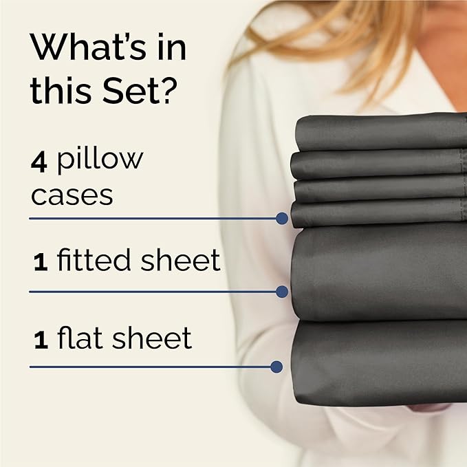 King Sheets Set 6 Piece - Includes 4 Pillowcases - Bed Sheets King Size - Soft Hotel Luxury Bedding - Cooling, Comfy, Cozy & Breathable - 1 Flat & 1 Fitted & 4 Pillowcases w/ Deep Pockets - Charcoal