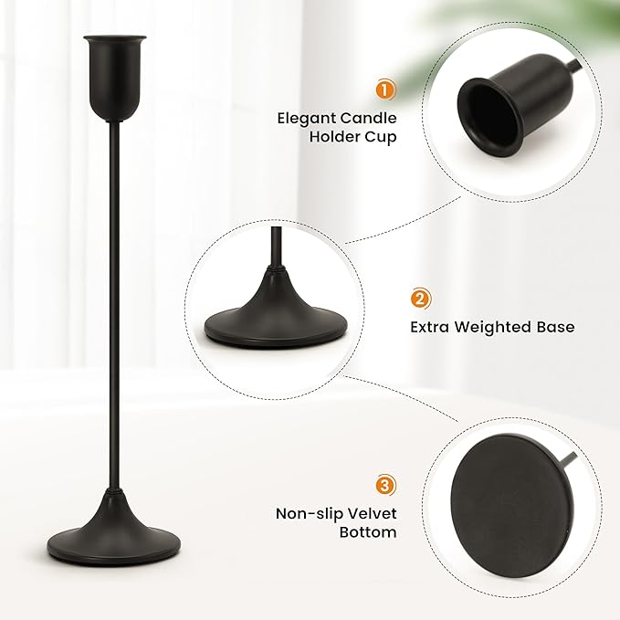 Candle Holder - 3 PCS Candlestick Holders - Vintage Candle Stick Holder - Modern Decorative Centerpiece - Cozy Atmosphere Gift for Home Decor, Wedding, Halloween Party - Black Taper