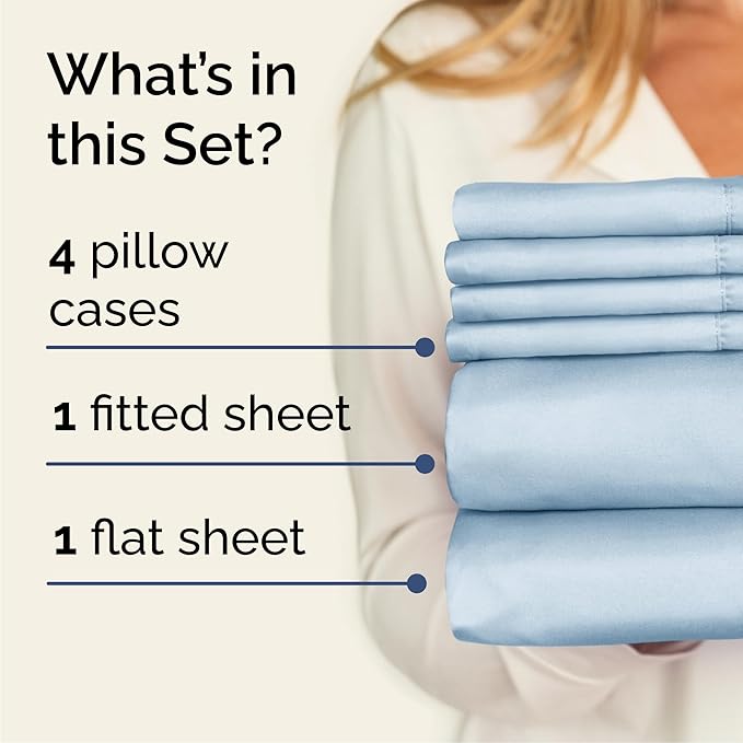 Queen Sheets Set 6 Piece - Includes 4 Pillowcases - Bed Sheets Queen Size - Soft Hotel Luxury Bedding - Cooling, Comfy, Cozy & Breathable - 1 Flat, 1 Fitted & 4 Pillowcases w/ Deep Pockets - Sky Blue