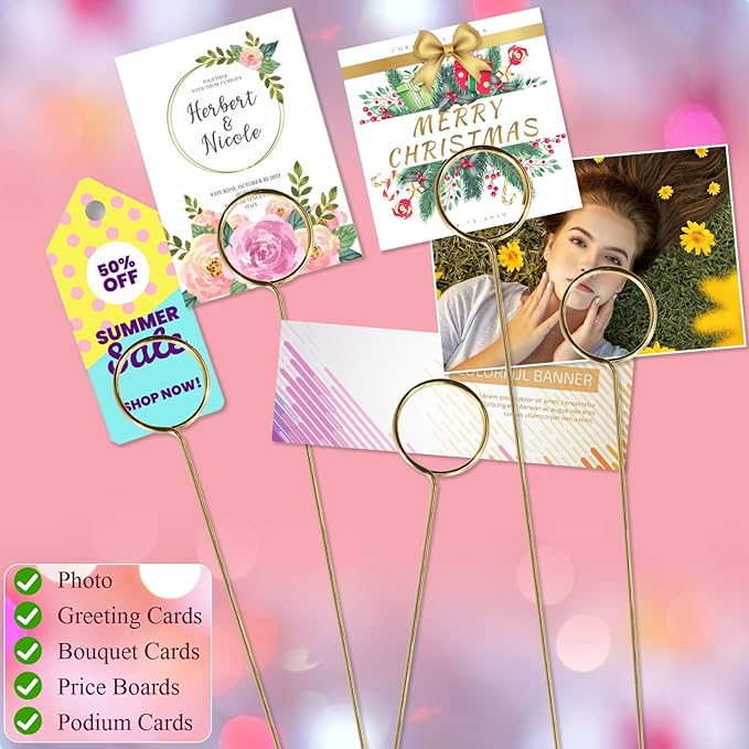 20 Pcs Floral Card Holder Picks, 12 Inch Round Picture Holders, Photo Holder Pick Stick, Gold Floral Place Card Holder, Floral Picks Clips, Photo Picture Holder for Weddin