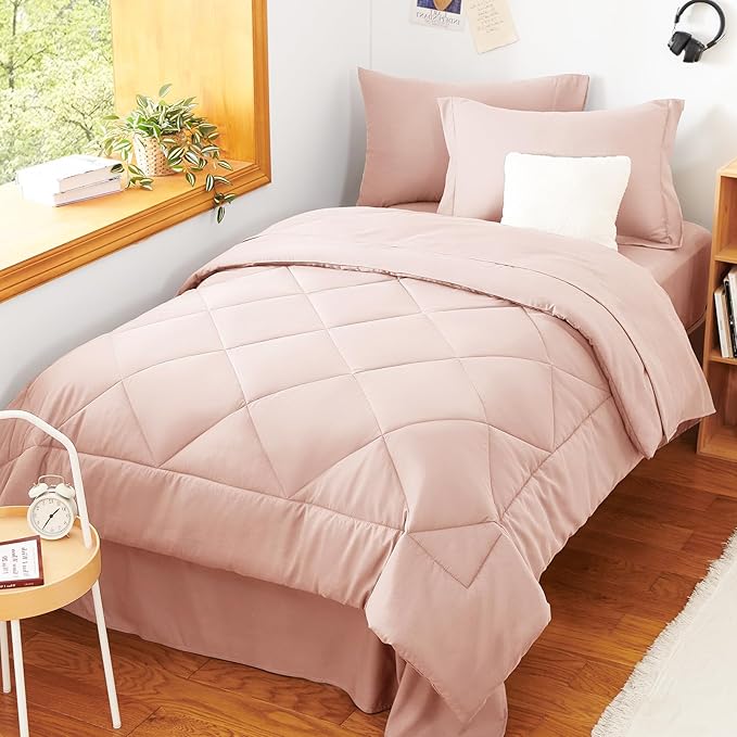 CozyLux Twin XL Comforter Set Blush Pink - 5 Pieces Twin Extra Long Bed in a Bag for College Dorm, All Season Bedding Set for Girls and Boys, Soft Bed Set with Comforter, Sheets, Pillowcase & Sham