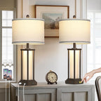 27in Tall Farmhouse Table Lamp Set of 2 with USB C+A & Outlet,Brown Industrial End Table Lamp for Living Room,Vintage Rustic Bedside Lamps with Night Light for Bedroom Nightstand,Brown