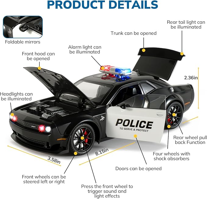 Police Cars for Kids Ages 3-5,1/24 Diecast Cars Hellcat Toy Car Collectibles Model Kit with Pull Back,Hell Cat Toy Police Car with Lights and Siren for Kids 3+ Year Olds