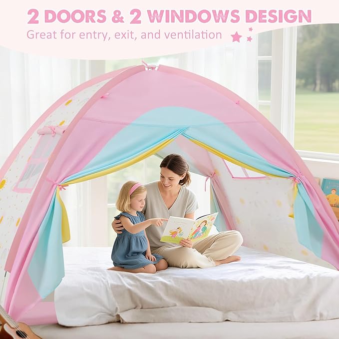 Twin Bed Tent for Kids, Twin Size Bed Canopy with Star Lights, Privacy Space Blackout Sleeping Tents, Indoor Breathable Portable Bunk Bed Tent for Girls, Rainbow