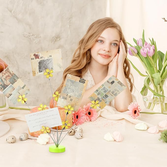 Tandefio Photo Tree Holder Clip, 8 Branch Money Family Tree Gift Card Holder with Clips Picture Frame Stand for Memo Paper Note Wedding Photo Display Office Decor (Yellow)