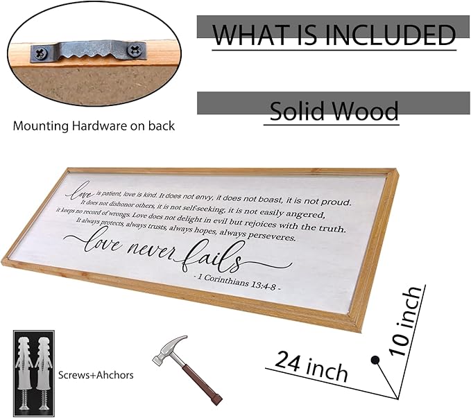 Love is Patient Love is Kind Wall Art 24×10 Inch Bible Verse 1 Corinthians 13 Christian Hanging Wood Framed Decor Sign (Wood)