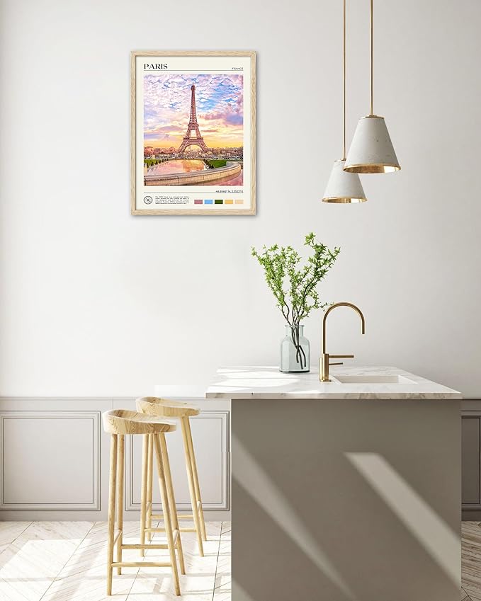 HesenDot Natural OAK Wood Framed Paris City Wall Art,12x16in Iconic Scenery Canvas Wall Print Posters,Classic Urban Landmark Wall Decor for Living Room,Bedroom,Office Gallery Set of 1