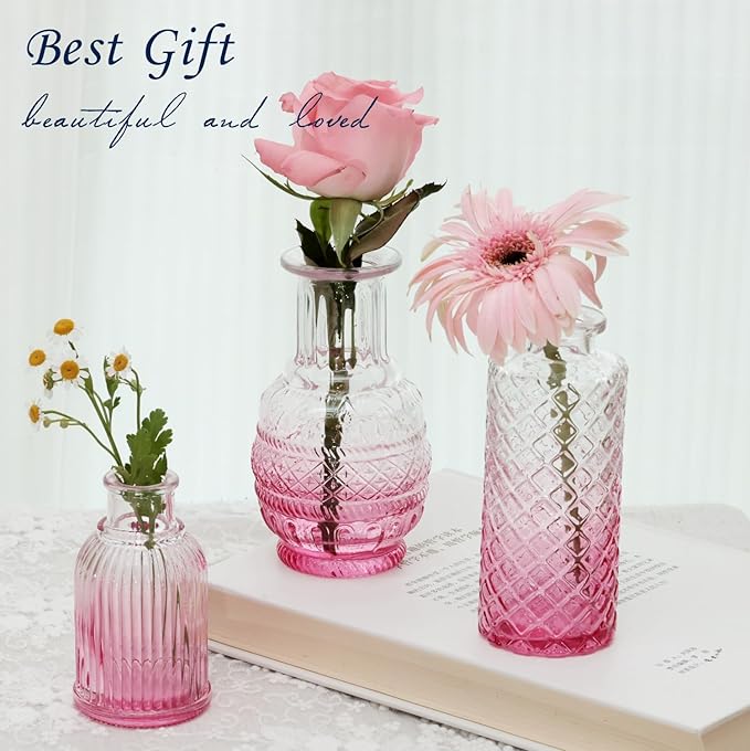 Bud Vases Set of 12,Glass Bud Vases in Bulk,Small Flower Vases for Centerpieces,Mini Vintage Vase for Wedding, Home Table Decor,Christmas,Party Decoration,Pink