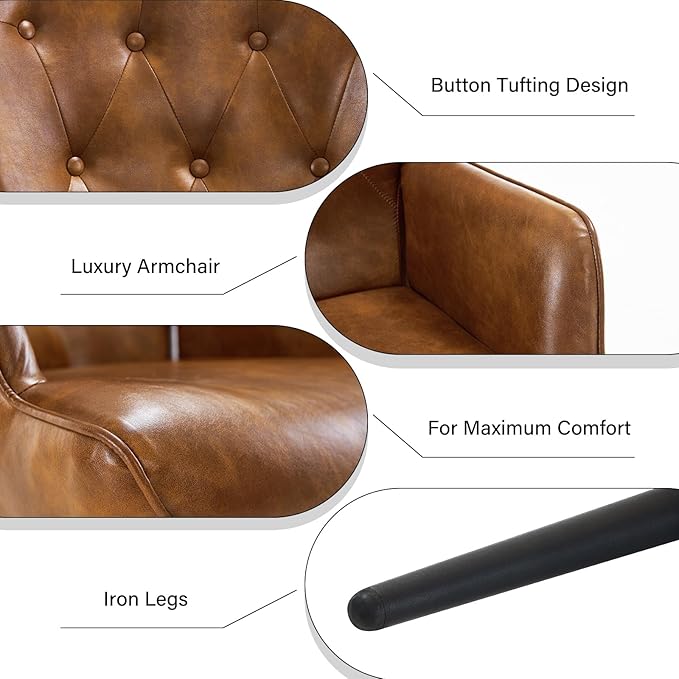 Furnimart Faux Leather Accent Chair Mid Century Modern Living Room Chairs; Comfy Armchair Leisure Vanity Guest Wingback Chair for Office Study Vanity Bedroom Waiting Room PU Yellow Brown