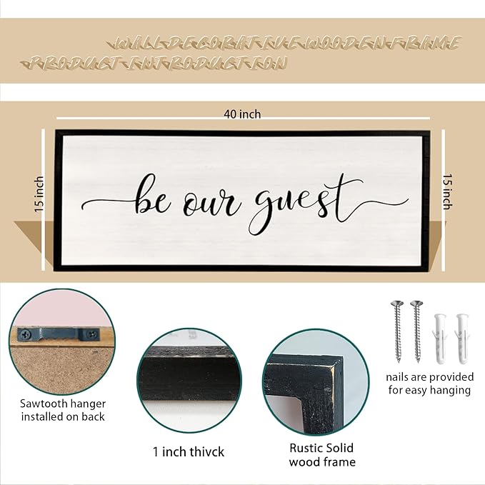 comurdyo Be Our Guest Wall Decor Sign 40”X15” Large Master Bedroom Above Bed Wall Decor Wood Framed Guest Room Sign Simple Rustic Farmhouse Over Bed Bedside Wall Art (Black)