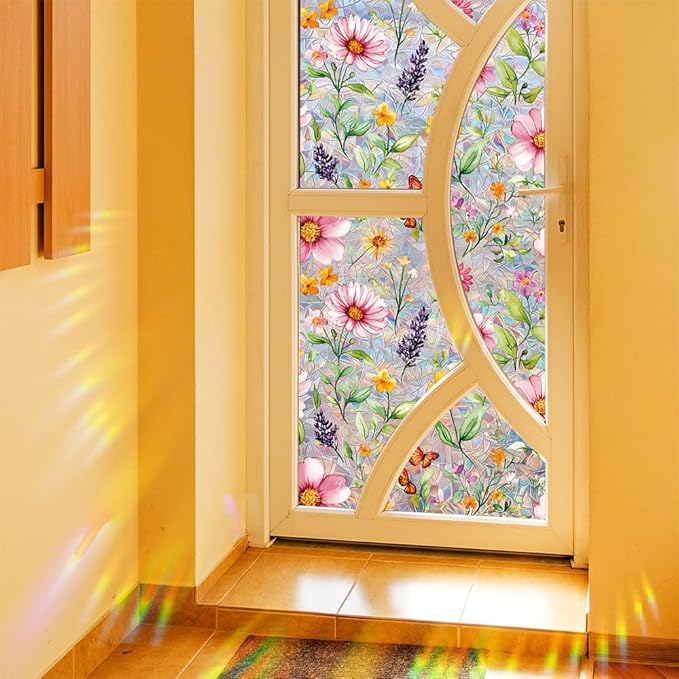 Window Film, Stain Daisy Glass Film Rainbow Flowers Static Window Clings Stickers for Home Office Living Room Bedroom Glass Windows Door Decor