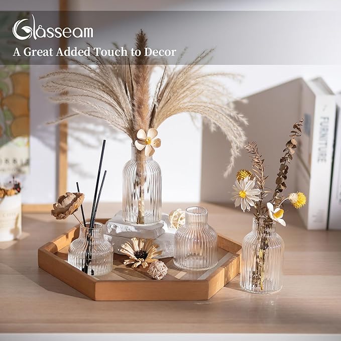 Glasseam Glass Bud Vases for Centerpieces: Modern Small Flower Vase Set of 4 for Home Decor - Clear Mini Table Centerpieces for Minimalist Living Room Shelf Kitchen Wedding Party Decorations