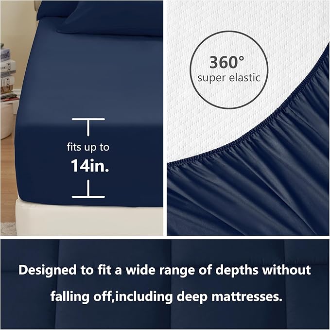 CozyLux Oversized Queen Comforter Sets Navy Blue, 7 Pieces Bed in a Bag, Ultra-Soft All Season Bedding Sets with Stitch Quilted Comforter, Flat Sheet, Fitted Sheet, Pillowcases, Navy Blue