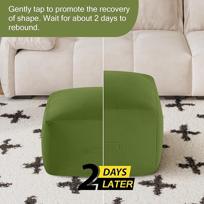 MeMoreCool Square Stuffed Pouf Ottoman Foot Rest, Floor Pouf Foot Stool with Foam Chunk Filling, Soft Stuffed Ottoman Footrest for Living Room, Green