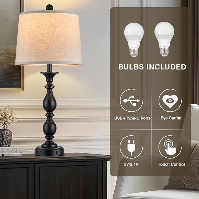 28" Tall Modern Table Lamps Set of 2 with USB C+A Ports and AC Outlet, 3 Way Touch Metal Bedside Lamps for Living Room, Black Farmhouse Nightstand Lamps for Bedroom