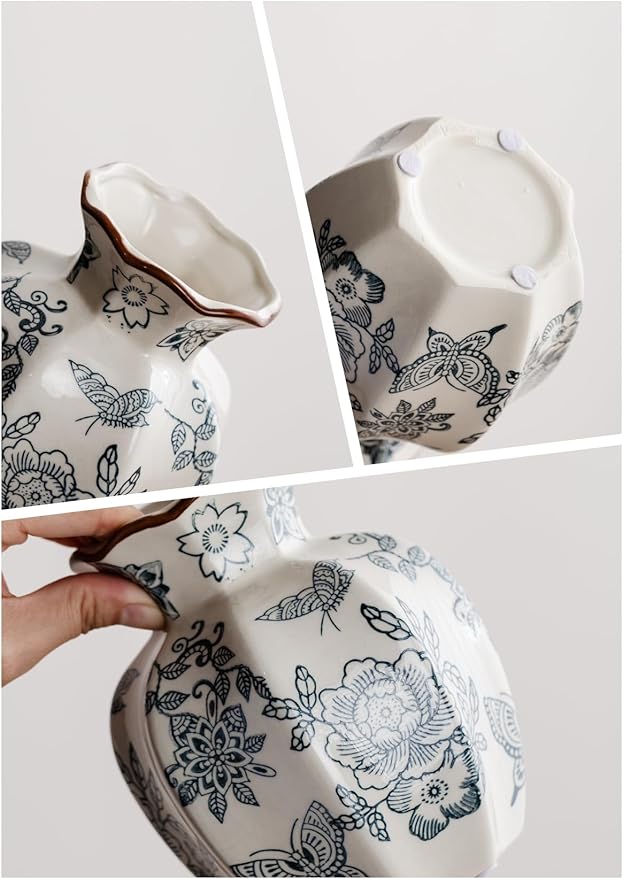 Blue and White Vase, Vintage Blue Ceramic Flower Vessel,Ceramic vases for Home Decor,Vintage Green and Beige for Console Table Mantle Chinoiserie Decor (Retro-02, Small)