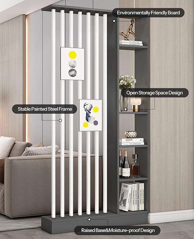 Wall Room Divider, Storage Cabinet Storage Display with Shelves, Modern Freestanding Wood Room Divider Screen, Wall Privacy Screens for Home Decorative (Grey+White,31.5" L x 9.5" W x 79.5" H)