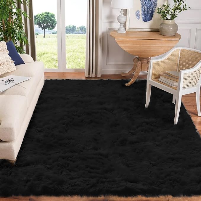 Goolela 9x12 Faux Fur Fuzzy Rug - Black, Washable, Rectangle, for Living Room & Bedroom