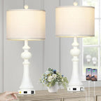 28" Farmhouse Lamps Set of 2 with USB A+C Fast Ports & AC Outlets, Vintage Rustic 3-Way Dimmable Touch Control Table Lamps, Rustic Traditional Bedside Nightstand Lamp for Living Room Bedroom White