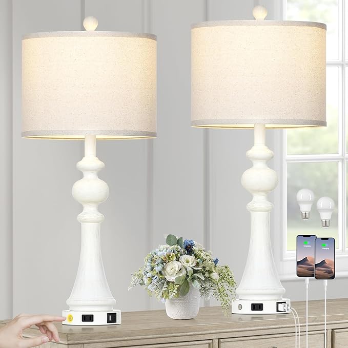 28" Farmhouse Lamps Set of 2 with USB A+C Fast Ports & AC Outlets, Vintage Rustic 3-Way Dimmable Touch Control Table Lamps, Rustic Traditional Bedside Nightstand Lamp for Living Room Bedroom White
