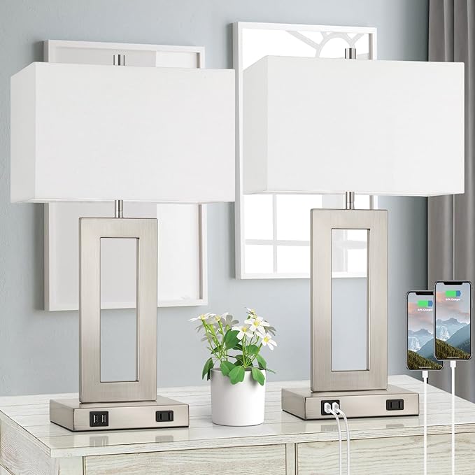 22'' Tall Table Lamps for Bedroom Set of 2, Silver Bedside Touch Control Lamp with 2 USB Ports&AC Outlet, Modern Living Room Table Lamp for Nightstand End Table, 3-Way Dimming with 2 E26 Edison Bulbs