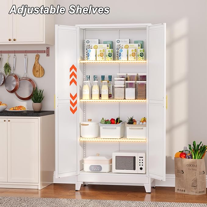 Metal Pantry Cabinet with 2 Doors and Adjustable Shelves - 61" Kitchen Storage Cabinet with Gold Handles - Versatile Storage for Kitchen, Bathroom, Dining Room, Utility Room - White
