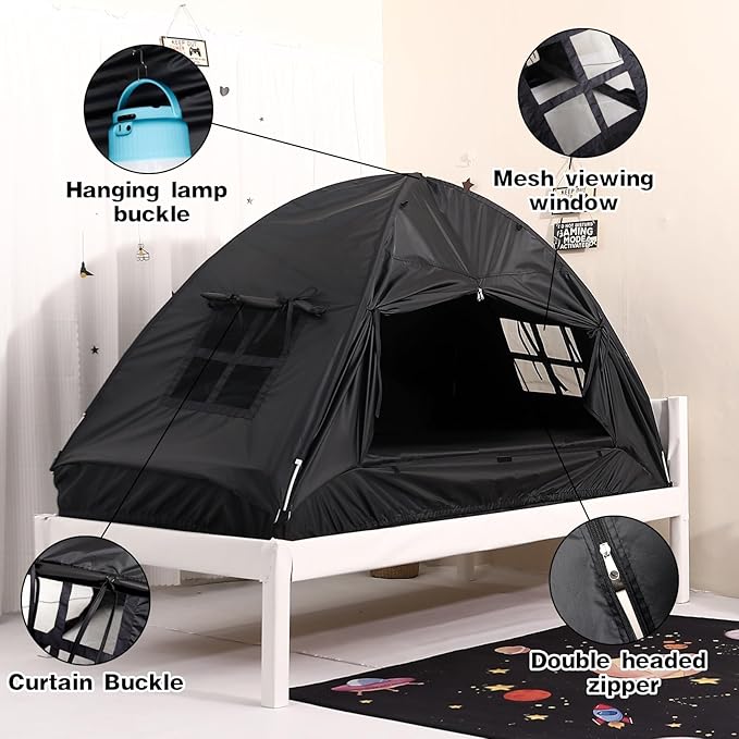 Bed Tent for Kid Twin Size Bed Canopy,Sensory Breathable Privacy Space Sleeping Drafty Room Dream Tents Indoor Play Tent Black-Out Kid Sleep Tent（Black,Full）