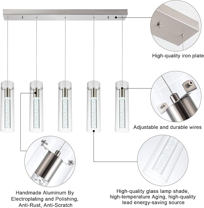Modern Kitchen Lighting Pendant Fixtures 5-Light LED Pendant Ceiling Fixture Brushed Nickel Bubble Cylinder Pendant Light with Adjustable Length for Kitchen Island Dinning Room Bedroom