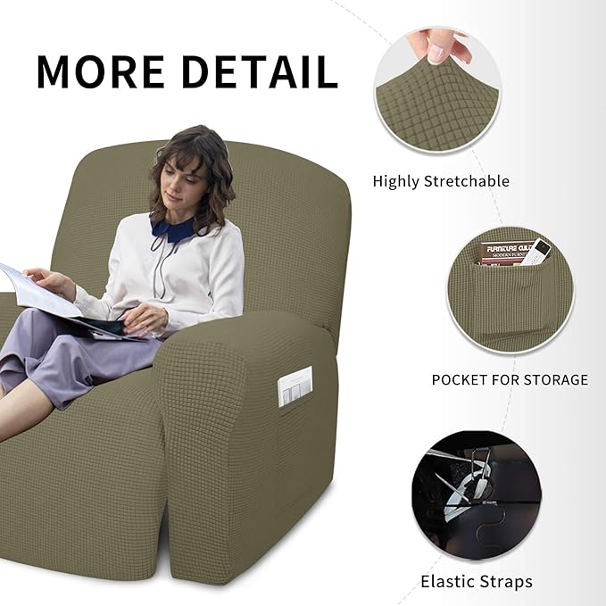 Easy-Going 4 Pieces Oversized Recliner Stretch Sofa Slipcover Sofa Cover Furniture Protector Couch Soft with Elastic Bottom Polyester Spandex Jacquard Fabric Small Checks Khaki,X-Large
