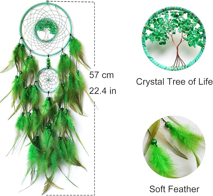 Green Dream Catcher Wall Decor Crystal Tree of Life Dream Catchers Handmade Feather Dreamcatcher Wall Hanging Ornament for Bedroom Living Room Home Decor