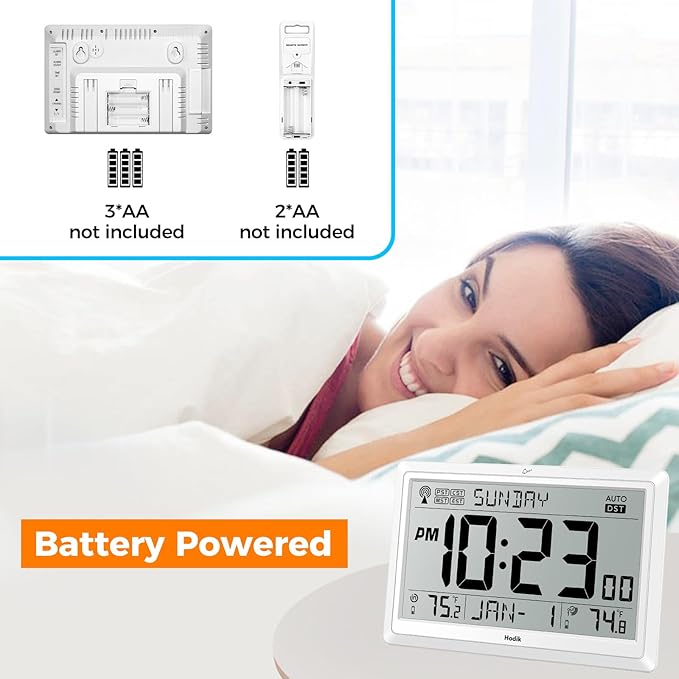 Wall Clock Atomic with Indoor Outdoor Temperature Battery Powered, Easy Reading with 10.5 Inch Large LCD Display, 330FT Range Table Wall Clock with DST, 12/24 Hour for Living Room Kitchen (White)
