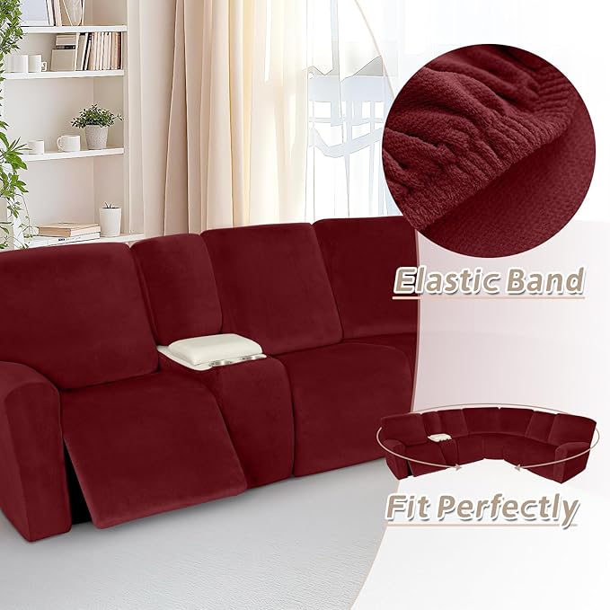 Arfntevss Sectional Recliner Couch Covers Velvet Washable Corner Sectional Sofa Cover for Reclining Couch Stretch Soft Thick L Shape Recliner Slipcover Set (5 Seat with 2 Console Cover, Wine Red)