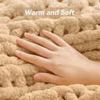 Chunky Knit Throw Blanket, 60''*80'' Knitted Throw Chenille Yarn for Bed Couch, Handmade Beige Crochet Big Thick Blanket, Machine Washable Cute Comfy Blanket for Home Decor