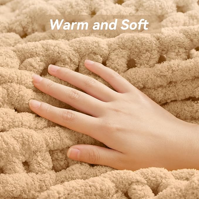 Chunky Knit Throw Blanket, 40''*50'' Knitted Throw Chenille Yarn for Bed Couch, Handmade Beige Crochet Big Thick Blanket, Machine Washable Cute Comfy Blanket for Home Decor