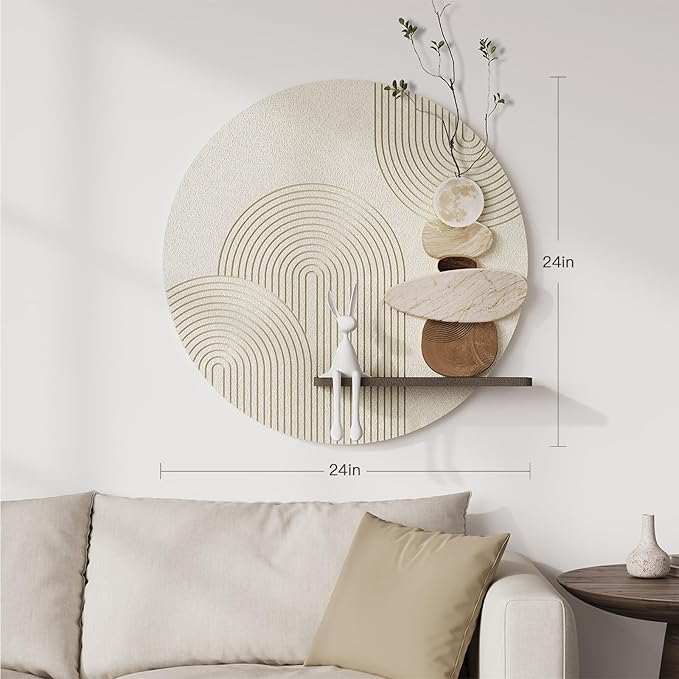 3D Textured Neutral Abstract Wall Art, White and Brown Boho Wall Decor with Rabbit Ornament, Modern Painting Artwork, Minimalist Wall Decor for Living Room Hallway Dining Room Bedroom Office, 24x24 In