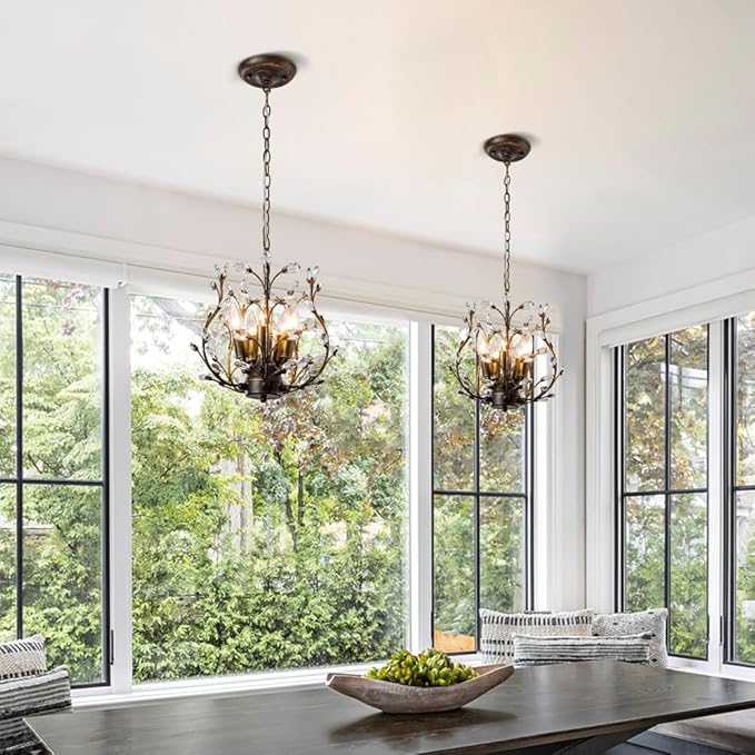 5-Light Vintage Crystal Branch Chandelier Farmhouse Hanging Pendant Light Fixtures for Living Room Dining Room Foyer Kitchen Island Hallway, Aged Bronze