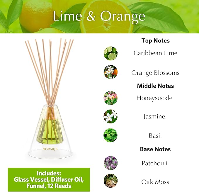 Agraria Lime & Orange Reed Diffuser Set, 12 Reeds Essential Oil Freshener Sticks, Room Diffusers for Home Fragrance, Scented Reed Oil Diffuser Gift