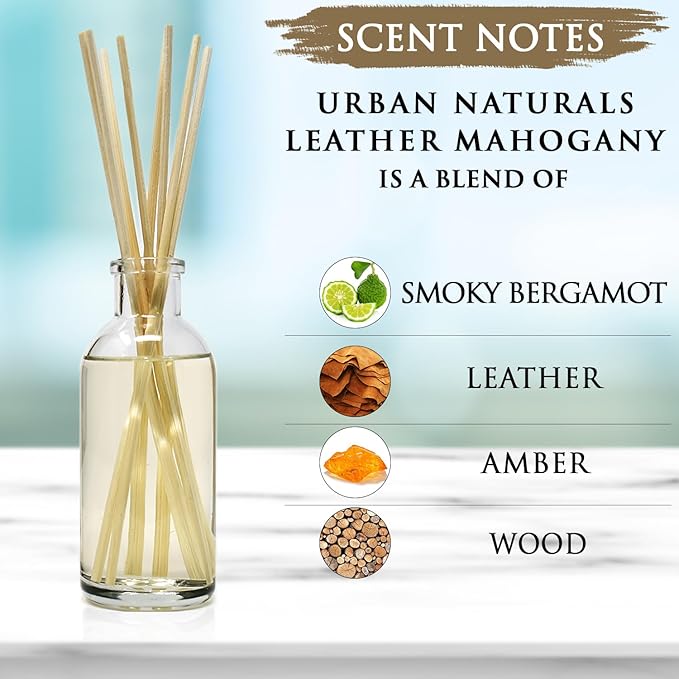 Urban Naturals Leather Mahogany Reed Diffuser Oil Set with Reed Sticks – Masculine Blend of Smoky Bergamot, Leather, Spice, Amber and Wood - Made in The USA