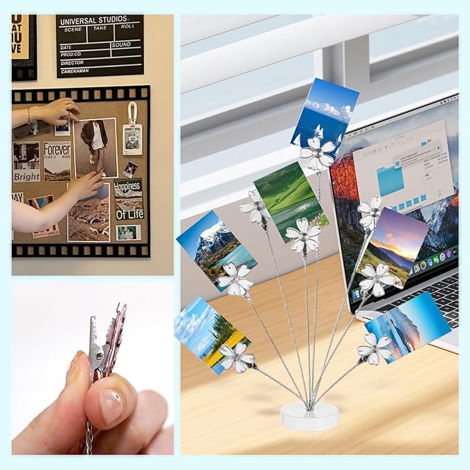 8 Branch Photo Tree Clip, Photo Frame Stand with Clips for Note Paper Wedding Photo Display Office Decoration (White)