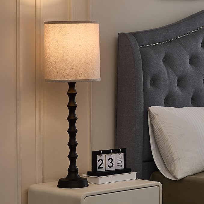 30.5" Rustic Buffet Table Lamps for Living Room Set of 2, Farmhouse Table Lamps for Buffet Set of 2, Oil Rubbed Bronze Candlestick Lamps with Linen Oatmeal Lampshade, Vintage Tall Skinny Lamps